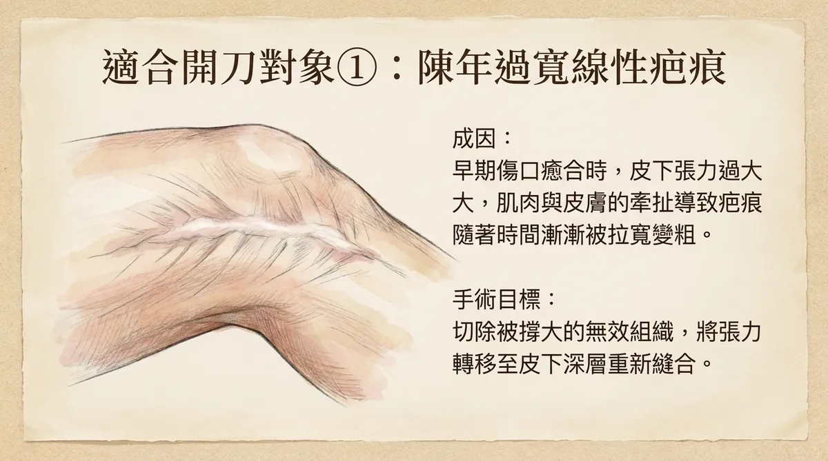 適合開刀對象①:陳年過寬線性疤痕之成因與切除被撐大組織重新減張縫合圖解