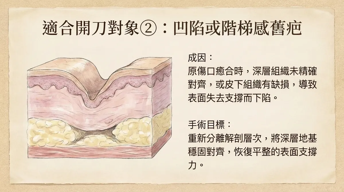 適合開刀對象②:凹陷或階梯感舊疤之成因與重新分離層次穩固對齊圖解