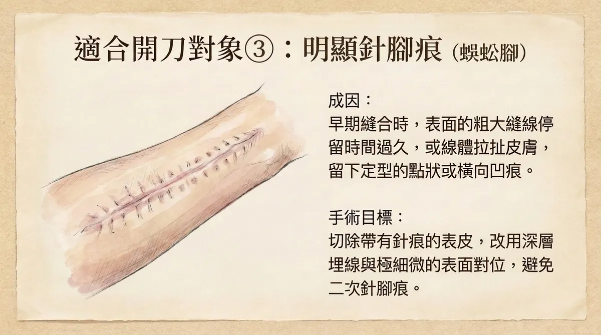 適合開刀對象③:明顯針腳痕蜈蚣腳成因與改用深層埋線極細對位切除重做圖解