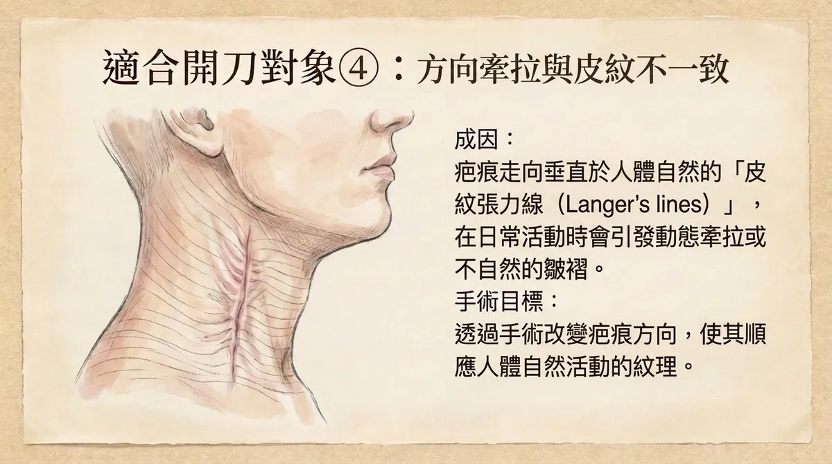 適合開刀對象④:方向牽拉與皮紋不一致成因與順應人體紋理手術改向圖解