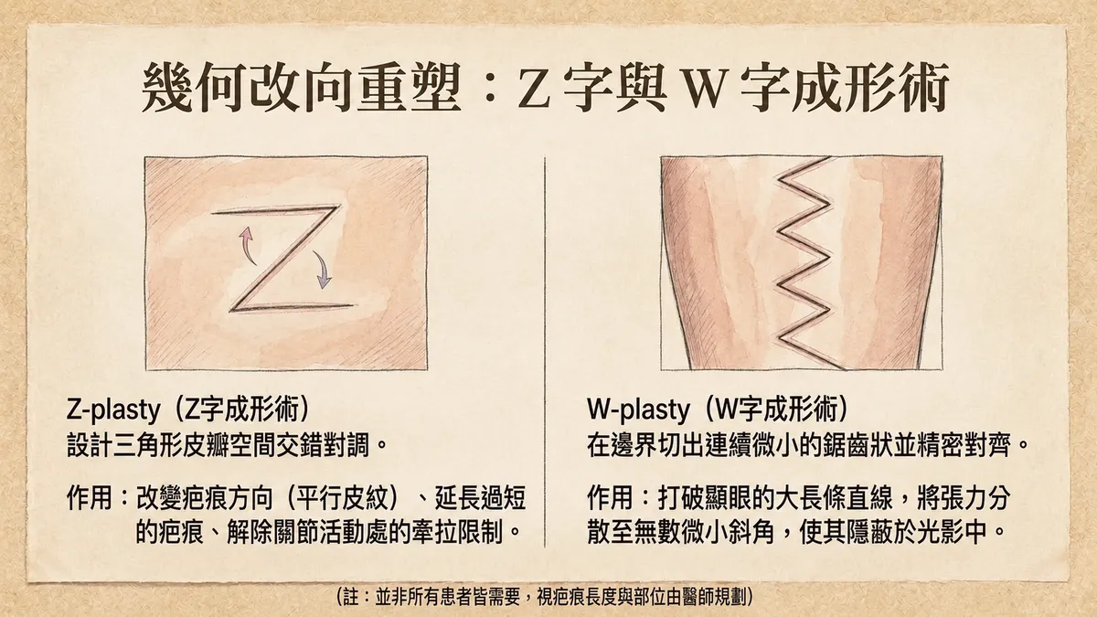幾何改向重塑:Z字成形術改變方向延長過短疤痕 vs W字成形術打破大直線分散張力圖解