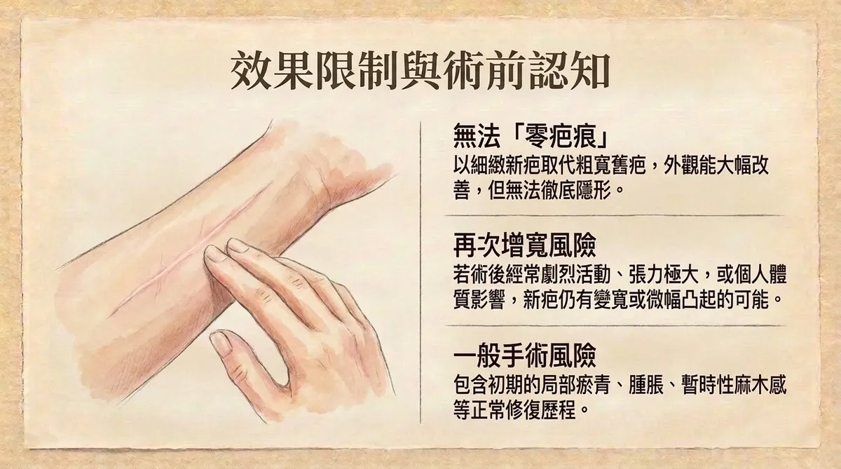 效果限制與術前認知:無法零疤痕、再次增寬風險與一般手術風險圖解說明