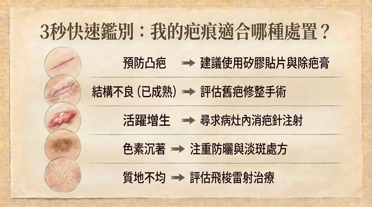 3秒快速鑑別我的疤痕適合哪種處置:預防凸疤矽膠貼片除疤膏、結構不良舊疤修整手術、活躍增生消疤針、色素沉著防曬淡斑、質地不均飛梭雷射圖解