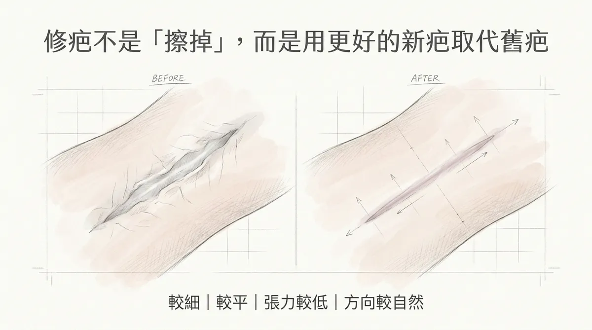 修疤不是擦掉,而是用更好的新疤取代舊疤:較細、較平、張力較低、方向較自然圖解說明