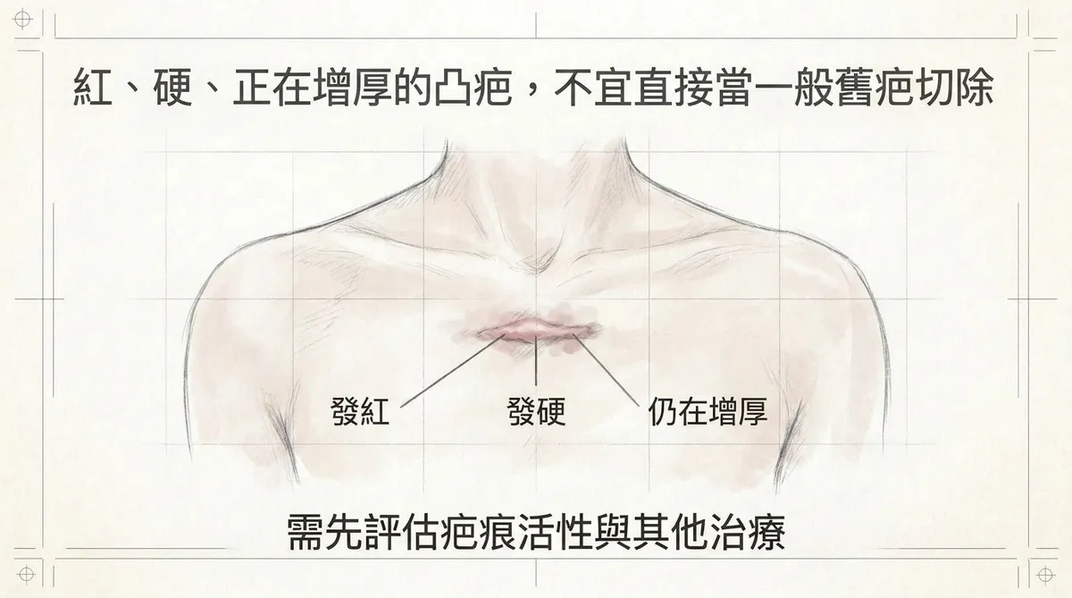 紅、硬、正在增厚的凸疤不宜直接當一般舊疤切除,需先評估疤痕活性與其他治療說明圖