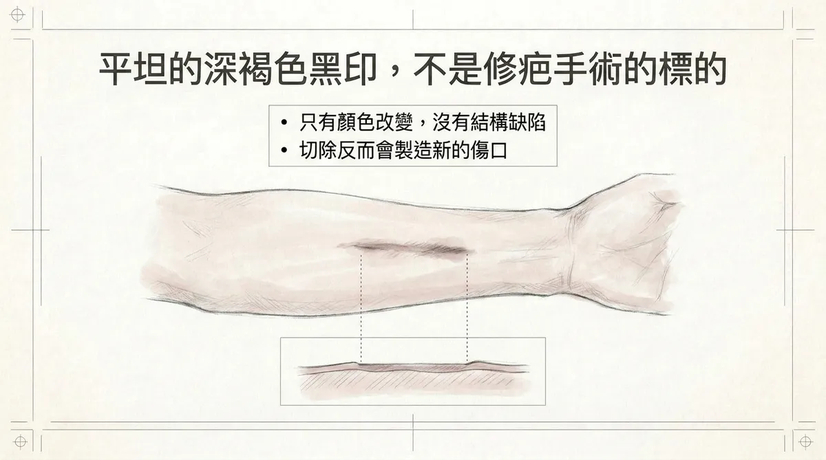 平坦的深褐色黑印不是修疤手術的標的:只有顏色改變無結構缺陷,切除反而製造新傷口圖解