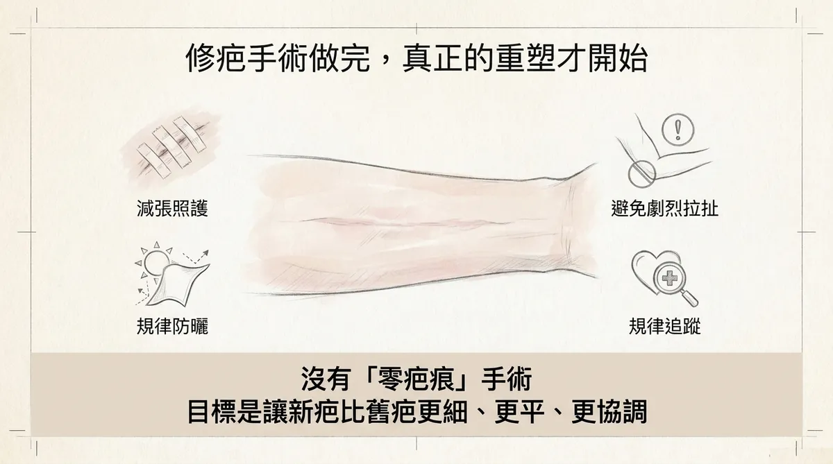 修疤手術做完真正的重塑才開始:減張照護、避免劇烈拉扯、規律防曬與規律追蹤圖解