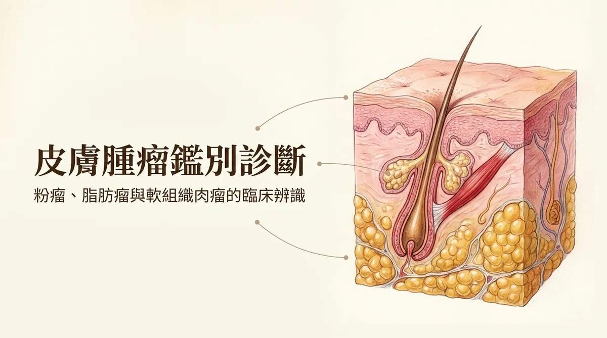 皮膚腫瘤鑑別診斷示意圖,說明粉瘤、脂肪瘤與軟組織腫瘤的臨床辨識