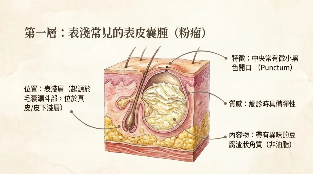 表皮囊腫粉瘤示意圖,呈現中央黑色開口、囊壁與角質內容物