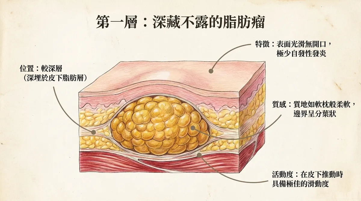 脂肪瘤皮下解剖示意圖,呈現深層皮下脂肪位置、柔軟分葉與良好活動度