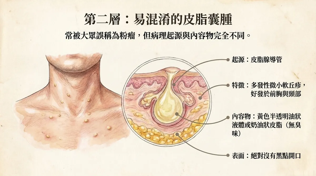 皮脂囊腫 Steatocystoma 示意圖,呈現皮脂腺導管起源、多發病灶與油脂內容物