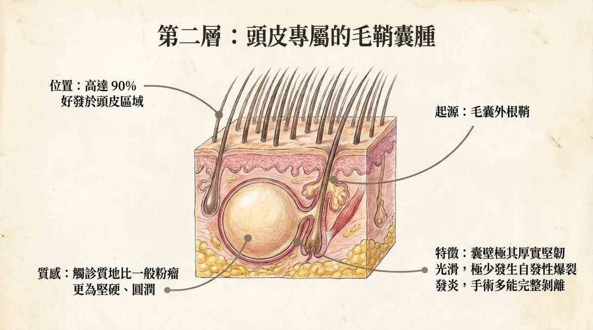 毛鞘囊腫 Pilar cyst 示意圖,呈現頭皮好發、厚實囊壁與圓潤堅實特徵