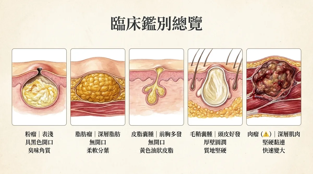 皮下腫塊臨床鑑別總覽,比較粉瘤、脂肪瘤、皮脂囊腫、毛鞘囊腫與軟組織肉瘤