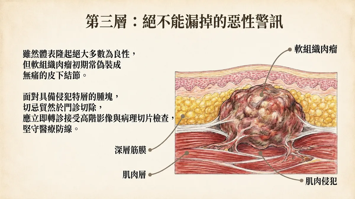 軟組織肉瘤惡性警訊示意圖,呈現深層筋膜與肌肉侵犯等異常特徵