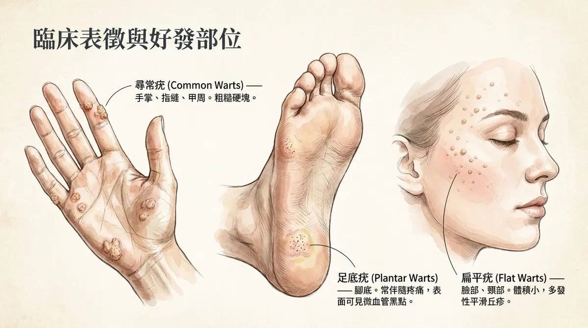 臨床表徵與好發部位:尋常疣(手部/甲周)、足底疣(腳底黑點痛覺)與扁平疣(臉部丘疹)示意圖