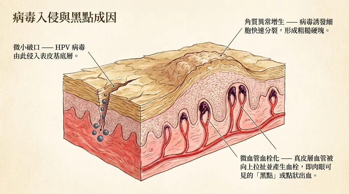 病毒入侵與黑點成因:HPV經微小破口侵入表皮基底層、角質異常增生與真皮層微血管血栓化黑點圖解