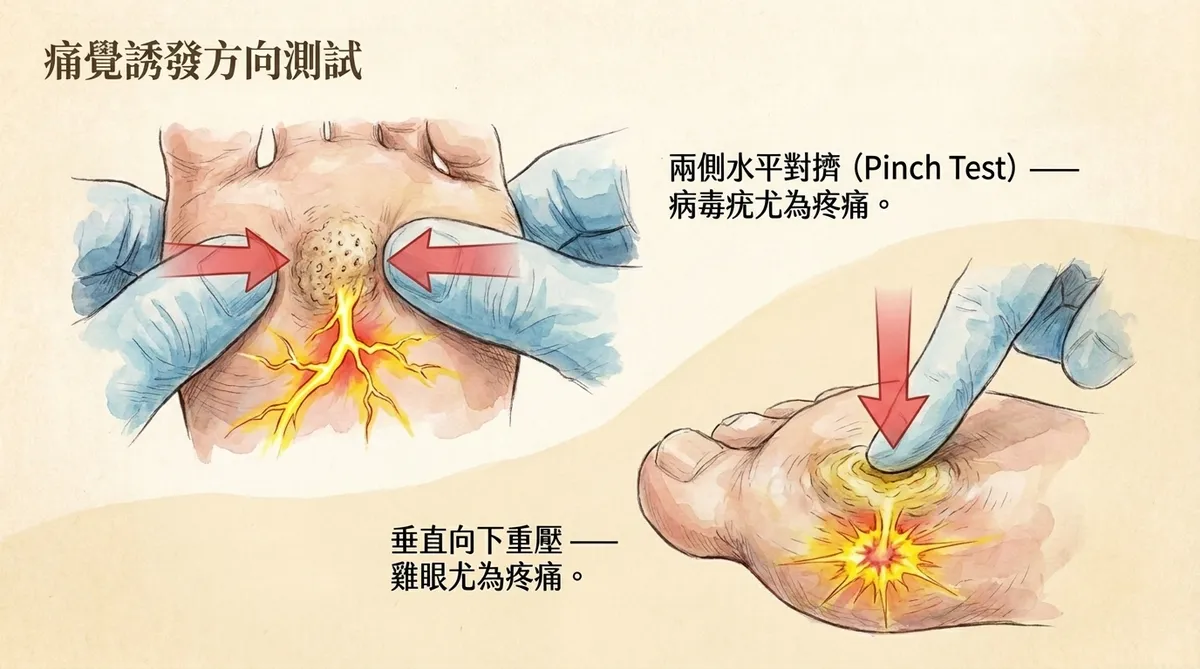 痛覺誘發方向測試:病毒疣兩側水平對擠(Pinch Test)劇痛 vs 雞眼垂直向下重壓劇痛說明圖