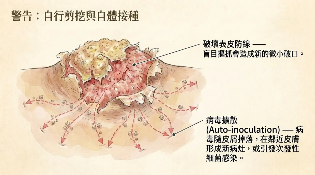 警告自行剪挖與自體接種:破壞表皮防線造成病毒隨皮屑掉落擴散至鄰近皮膚圖解
