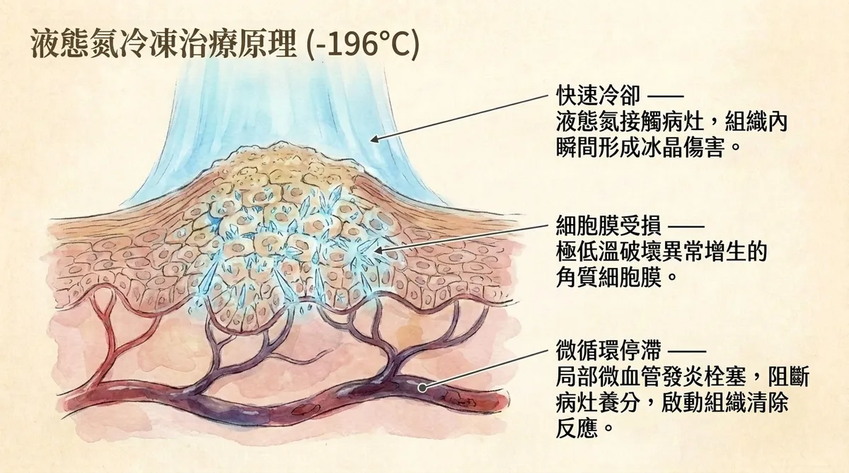 液態氮冷凍治療原理 (-196°C):快速冷卻形成冰晶傷害、破壞角質細胞膜與微循環發炎栓塞機制