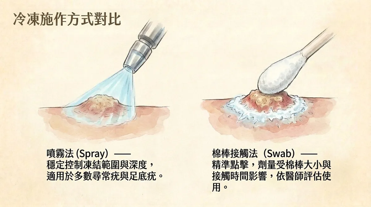 冷凍施作方式對比:噴霧法(Spray)穩定控制深度範圍 vs 棉棒接觸法(Swab)精準點擊說明圖