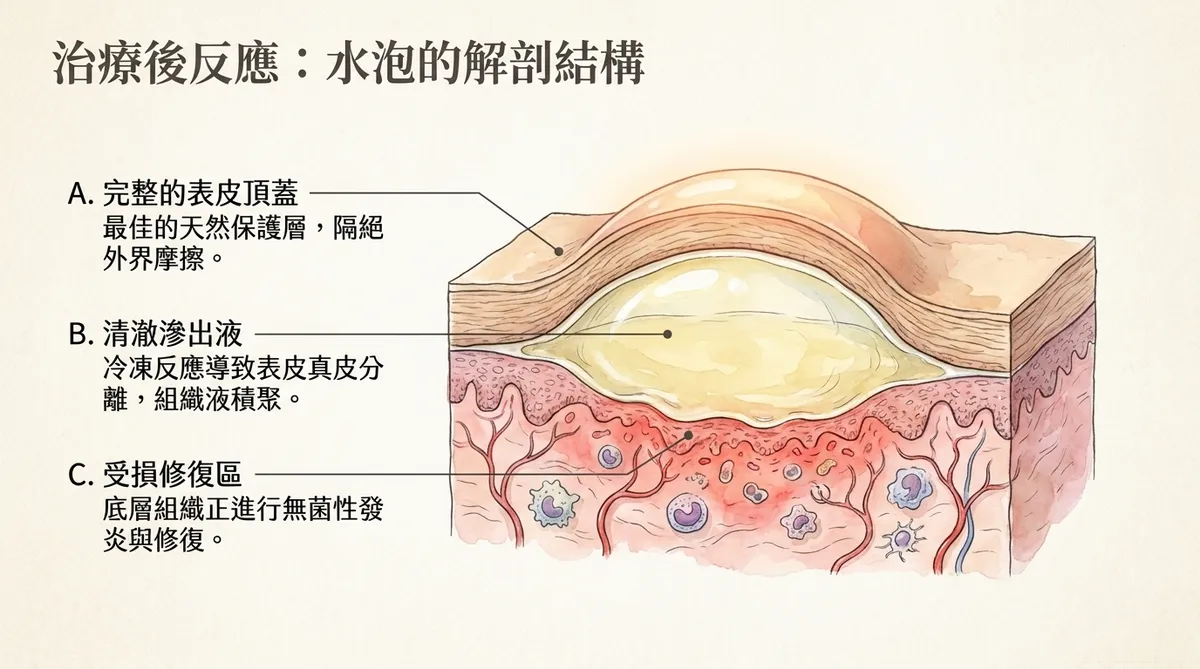 治療後反應水泡的解剖結構:完整的表皮頂蓋天然保護層、清澈滲出液與受損修復區解剖圖