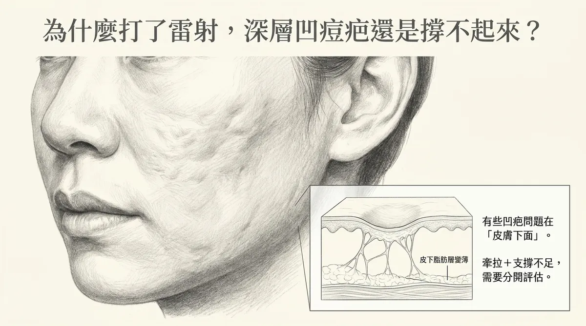 深層凹痘疤雷射改善有限原因:皮下纖維牽拉與深層組織支撐不足剖面示意圖