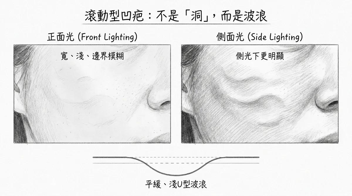 滾動型凹痘疤特徵示意:正面光與側面光波浪狀起伏對照