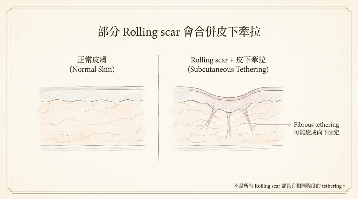滾動型凹疤皮下牽拉機制:正常皮膚與合併皮下纖維牽拉剖面比較