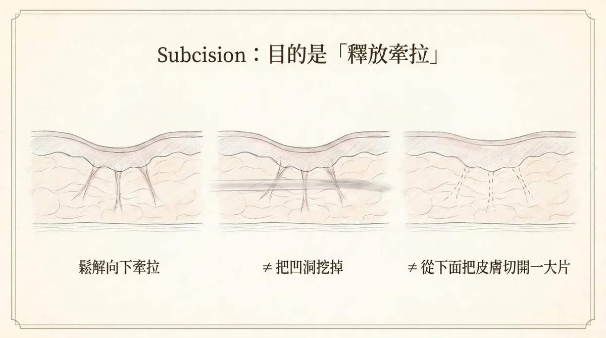 皮下剝離Subcision作用示意:鬆解向下牽拉纖維帶過程