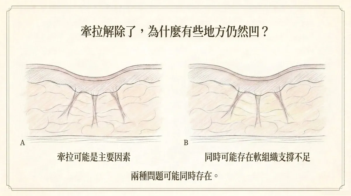 牽拉解除後凹陷成因示意:牽拉為主與同時存在軟組織支撐不足之剖面對照