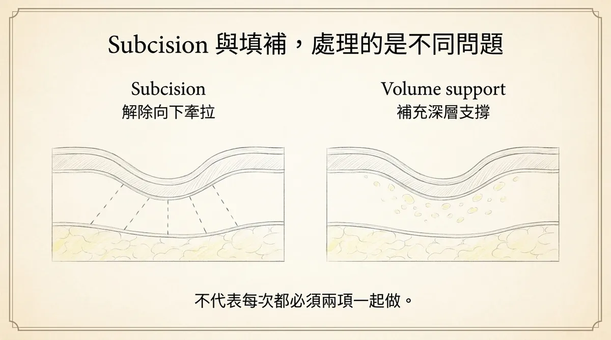 皮下剝離與填補處理問題比較:解除向下牽拉與補充深層支撐示意圖