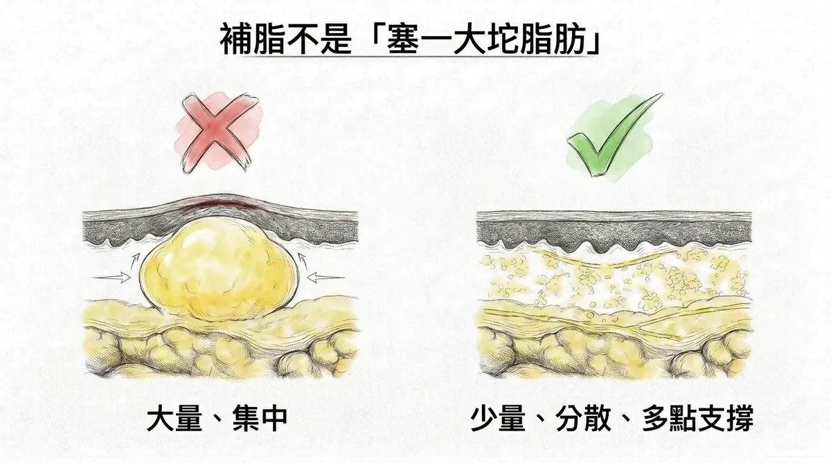 凹痘疤補脂技術示意:大量集中填補與少量分散多點支撐回填比較