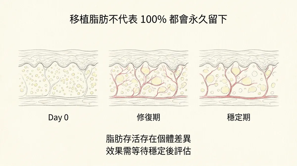 移植脂肪存活與穩定歷程示意:Day 0、修復期至穩定期的組織變化