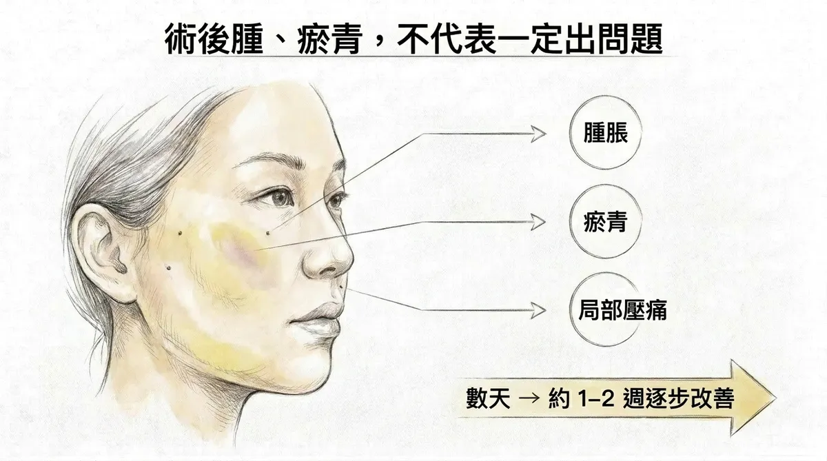 皮下剝離與補脂術後暫時性腫脹、瘀青與局部壓痛改善時程示意圖