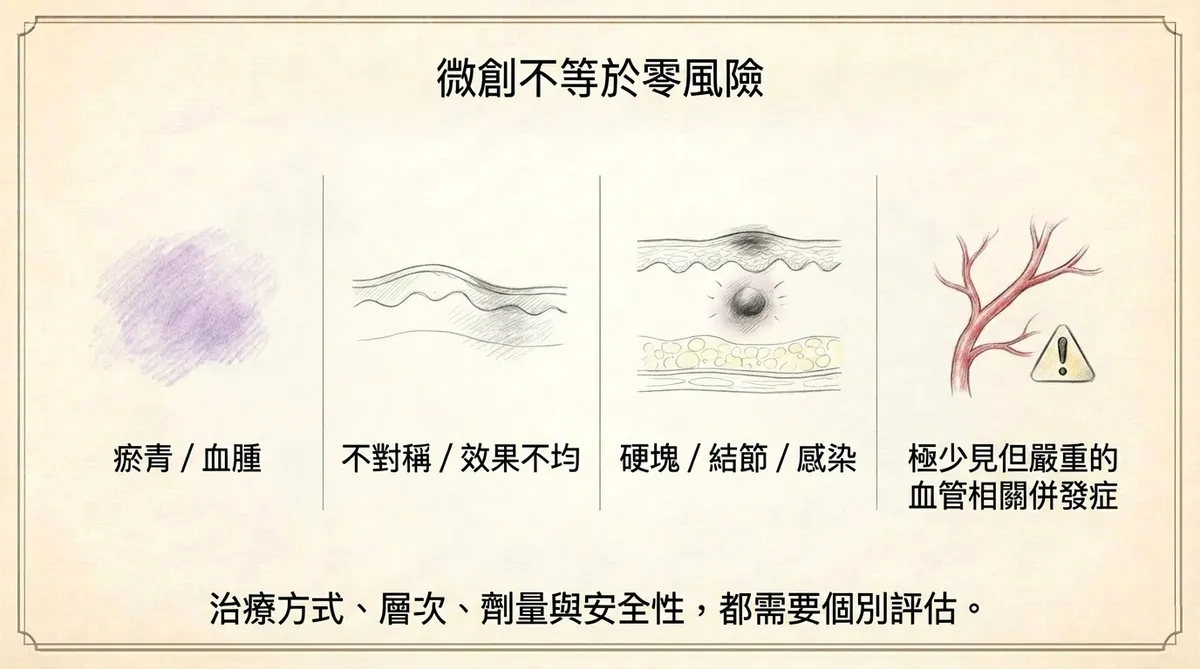 微創手術風險說明:瘀青血腫、不對稱、硬塊結節與血管相關併發症示意圖