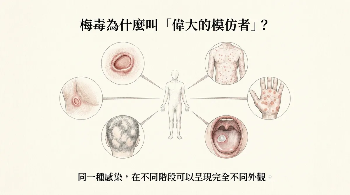 梅毒被稱為偉大的模仿者:硬性下疳、全身皮疹、掌蹠皮疹、口腔黏膜斑與蟲蝕狀落髮示意