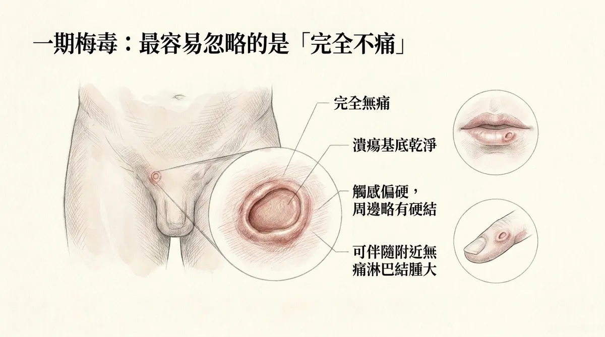 一期梅毒硬性下疳:無痛、基底乾淨、邊緣硬結及局部淋巴結腫大示意
