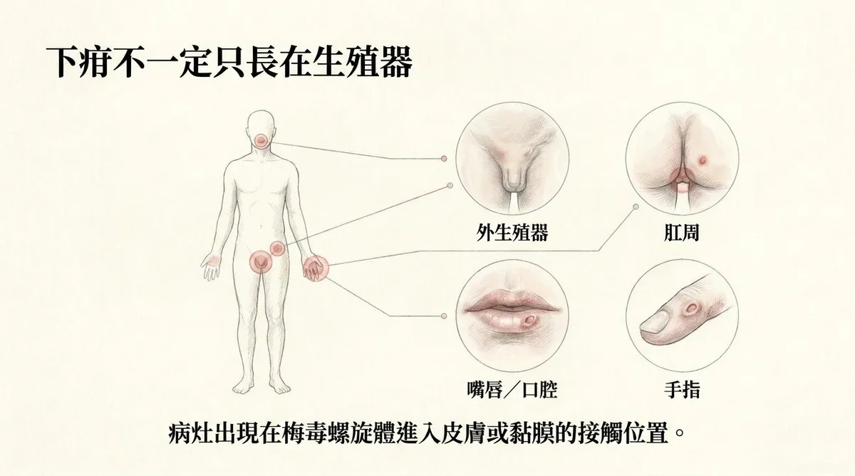 梅毒硬性下疳可能出現在外生殖器、肛周、口腔嘴唇與手指等接觸部位