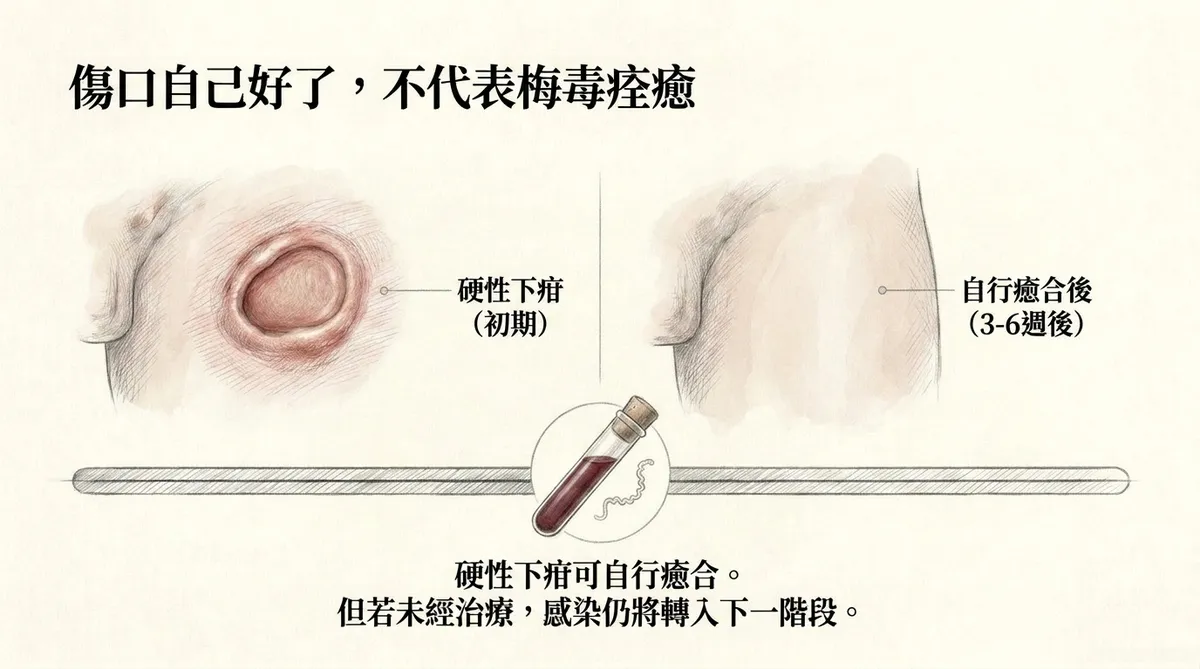 一期梅毒硬性下疳可自行癒合但感染未消失,未治療仍可能進入下一階段