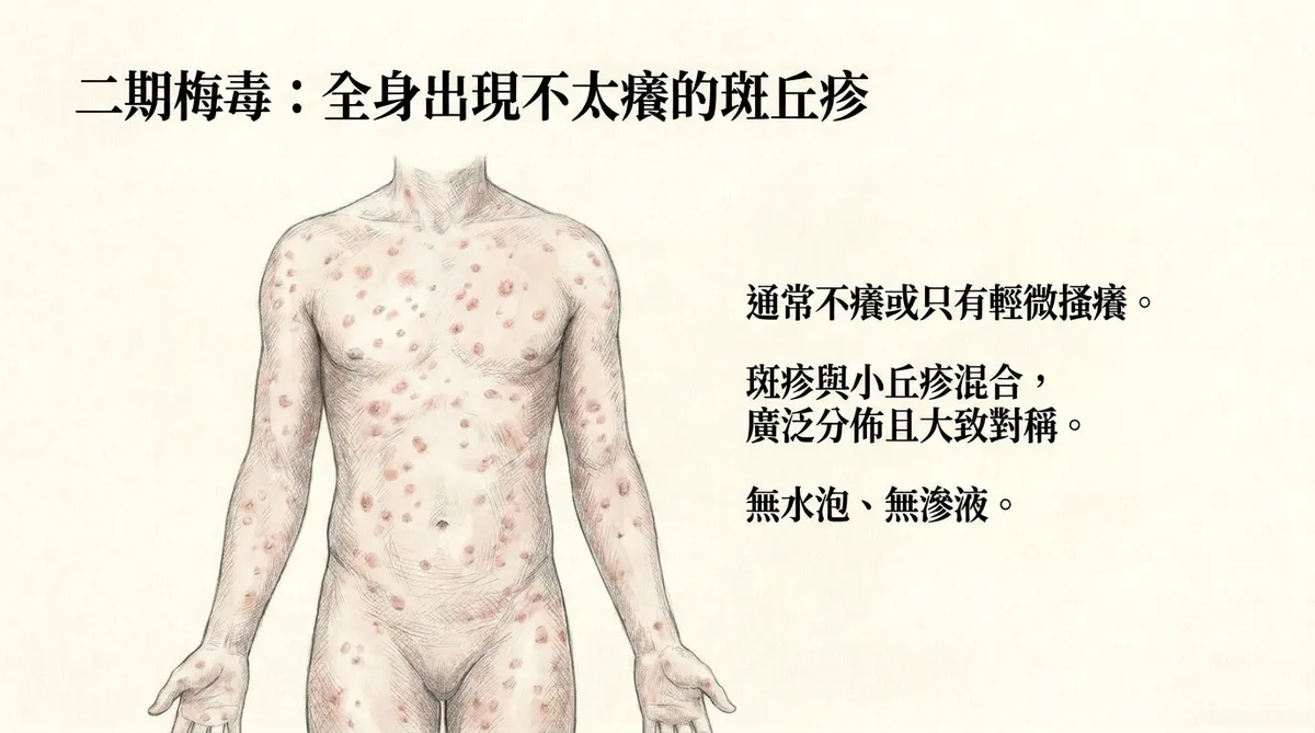 二期梅毒全身性紅褐色斑疹與斑丘疹,常廣泛分布於軀幹與四肢