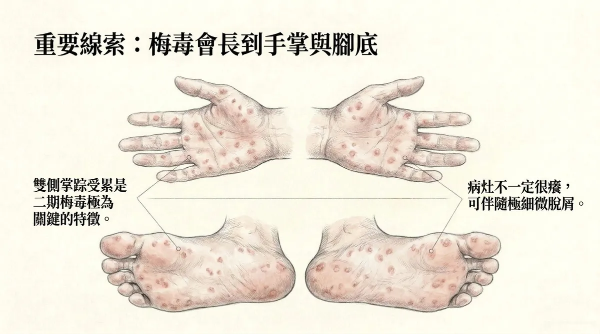 二期梅毒典型掌蹠皮疹:雙側手掌與腳底紅褐色斑丘疹及細微脫屑
