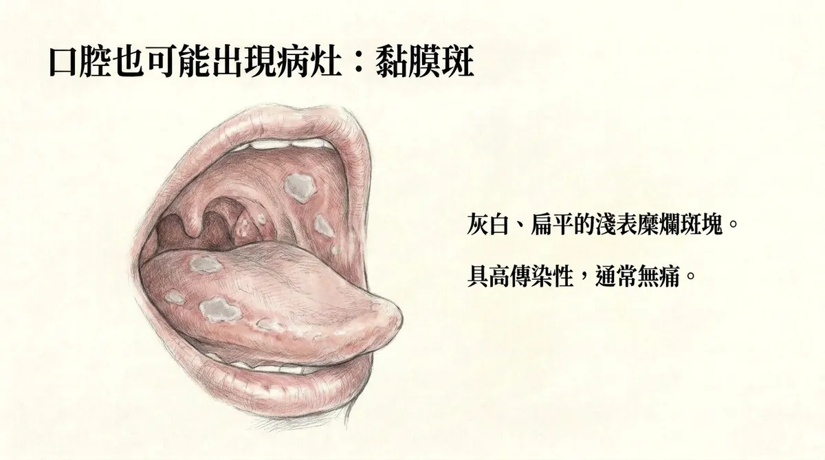 二期梅毒口腔黏膜斑:舌頭與口腔灰白色扁平無痛黏膜病灶