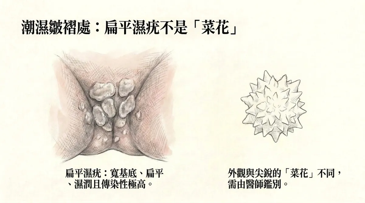 二期梅毒扁平濕疣:潮濕皺褶處扁平寬基底濕潤病灶與尖銳濕疣外觀比較