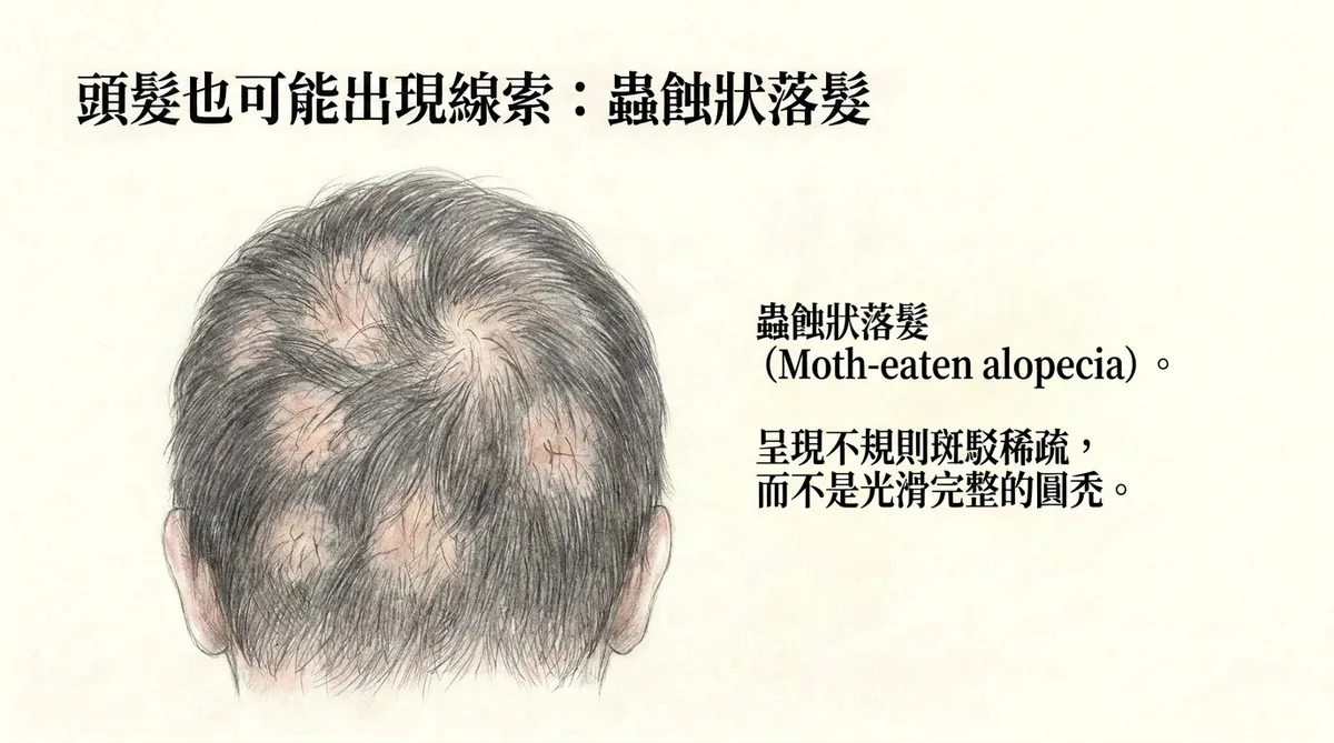 二期梅毒蟲蝕狀落髮:頭皮不規則斑駁稀疏的 moth-eaten alopecia