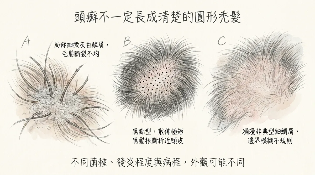 頭癬不一定長成清楚的圓形禿髮：局部細微灰白鱗屑、黑點型與瀰漫非典型細鱗屑型態對照圖