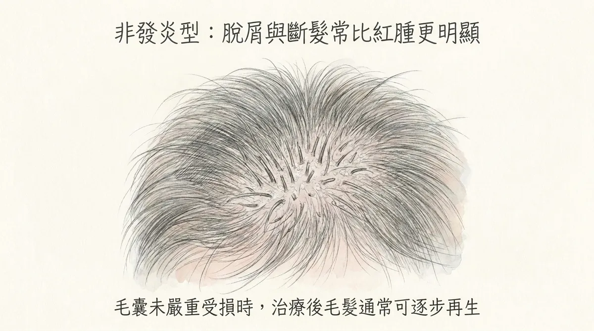 非發炎型頭癬：脫屑與斷髮常比紅腫更明顯，毛囊未受損時治療後通常可逐步再生說明圖