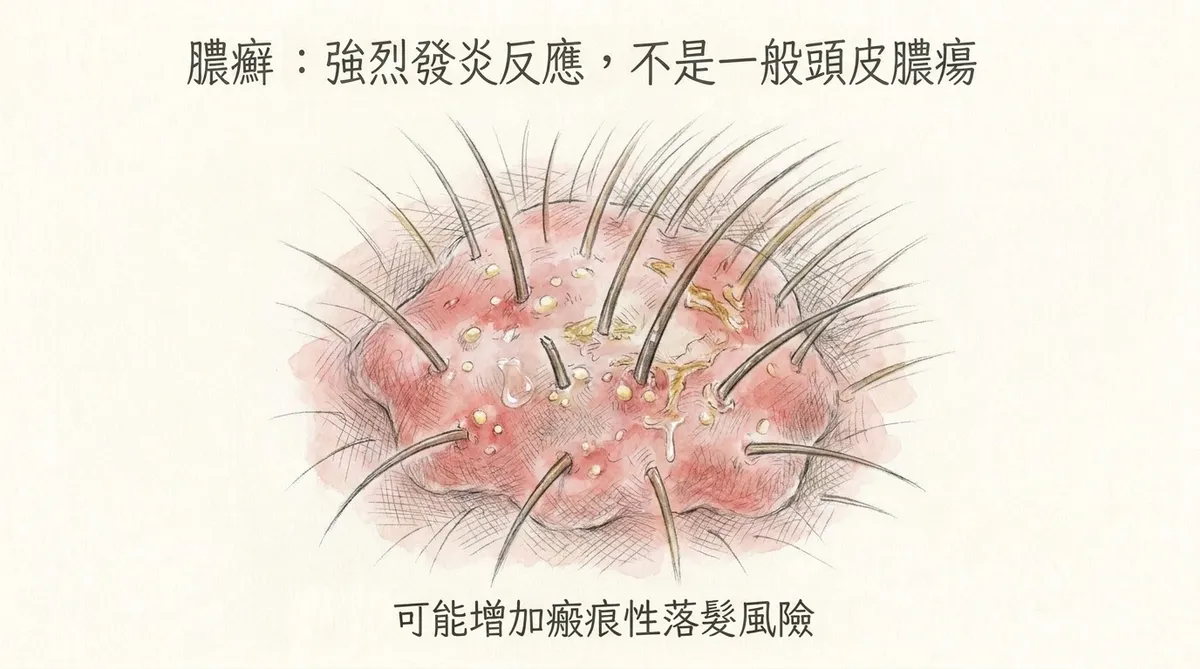 膿癬（Kerion）：強烈發炎反應可能增加瘢痕性落髮風險圖解