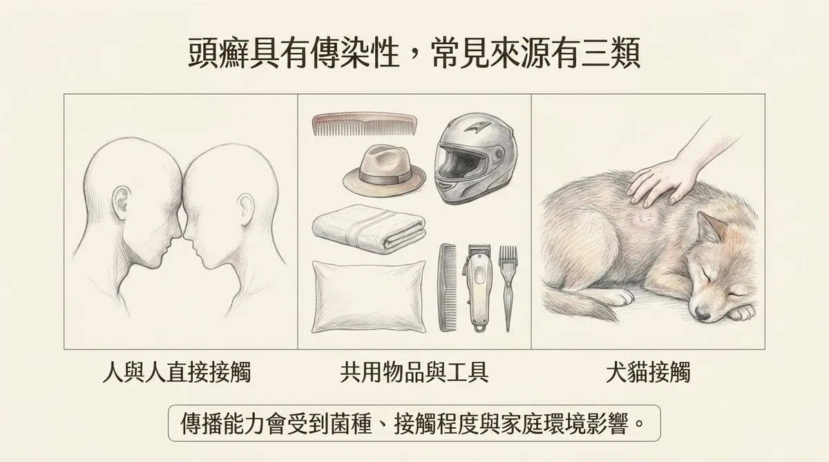 頭癬具有傳染性，常見來源有三類：人與人直接接觸、共用物品與工具、犬貓接觸示意圖
