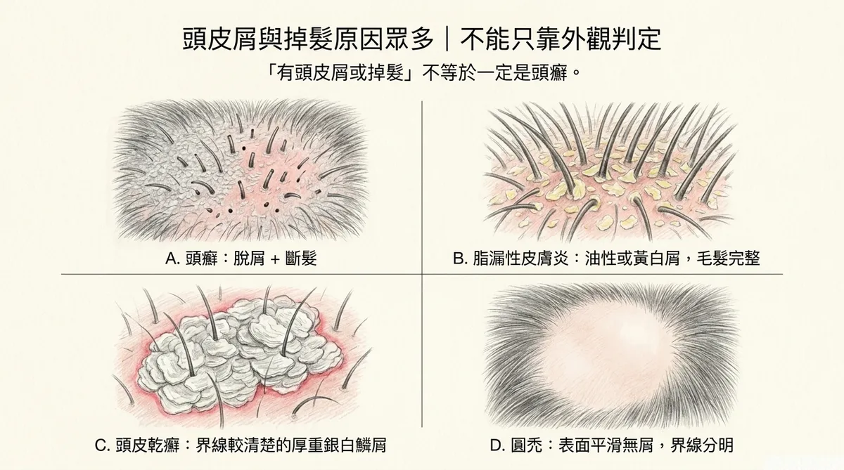 頭皮屑與掉髮原因眾多不能只靠外觀判定：頭癬、脂漏性皮膚炎、頭皮乾癬與圓禿外觀鑑別對照圖
