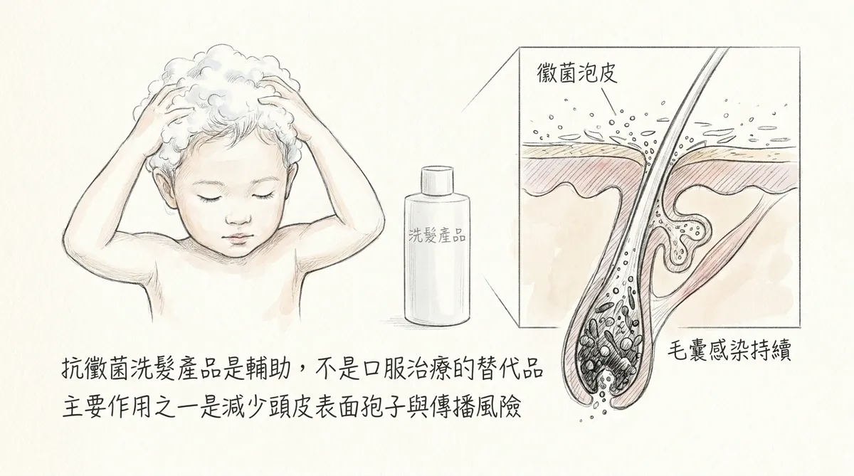 抗黴菌洗髮產品是輔助不是口服治療替代品：洗髮主要作用在於減少頭皮表面孢子與傳播風險說明圖